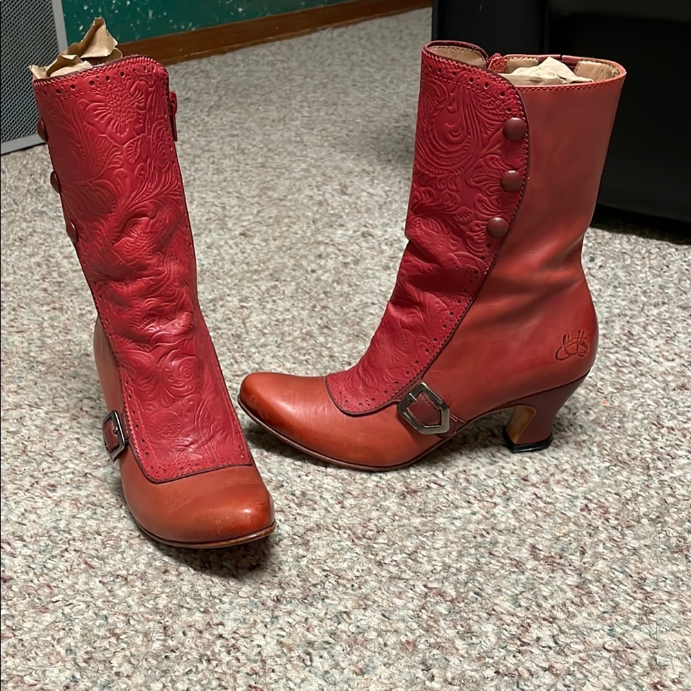 John Fluevog Red Embossed Heeled Boots